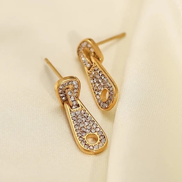 18k Gold Plated Cubic Zirconia Zip Drop Earrings - Picture 2 of 8